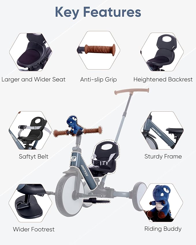 5-in-1 Toddler Tricycle for Ages 1.5–3, Parent Steering Push Trike, Tool-Free Convertible to Balance Bike, Safety Belt, Removable Backrest and Footrest, Ride-On Toy for Boys & Girls, Grey