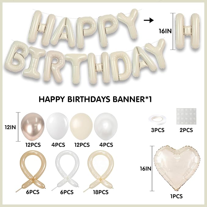 Milk White Happy Birthday Banner Balloon Aluminum Foil 16in Letter, 12in Latex Balloons, 11.8in Long Balloons, 16in Love Heart Aluminum Foil Balloon, Men, Women, Party Decoration Supplies (Milk White)