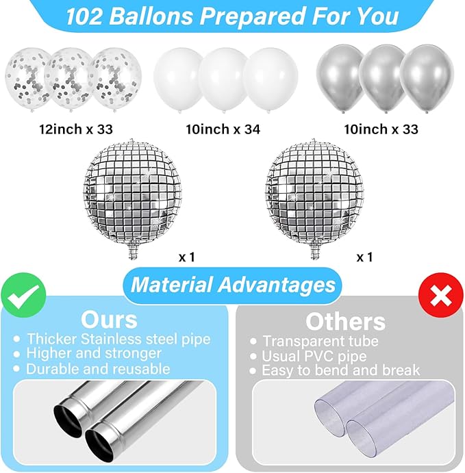 2 Sets Disco Ball Party Balloon Column Stand Kit with 102 Silver Disco Foil Balloons 5.57Ft Adjustable Balloon Tower Stand with Base Adjustable Arch Column for 70s 80s 90s Dance Birthday Supply