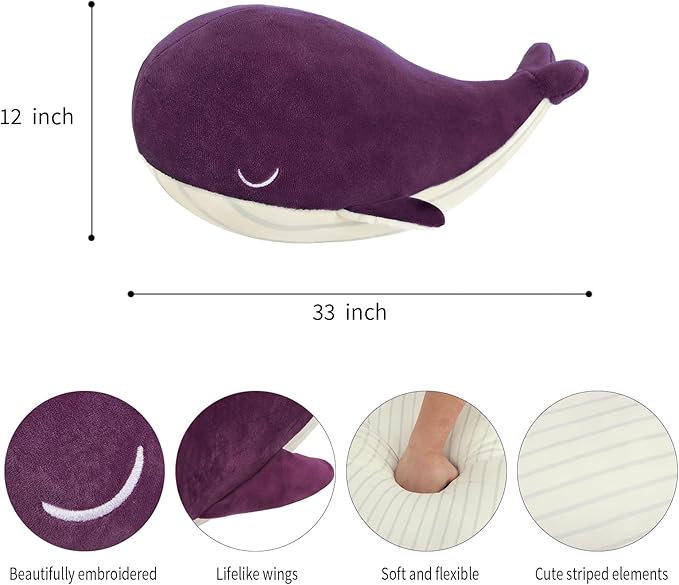 MUPI Whale Stuffed Animals Plush Pillow 4 Size Cute Soft Cotton Plushies Pillows Kawaii Blue Whale Toy Gifts for Kids Boys Girls Adults (Purple, 33 Inch)