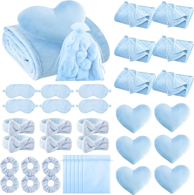 36 Pcs Sleepover Party Supplies for Girl Spa Slumber Birthday Favors Throw Blanket Pillow Eye Mask Headband Scrunchies (Solid Color,Light Blue)