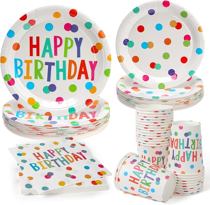100Pcs Happy Birthday Plates and Napkins Colorful Polka Dots Paper Plates and Cups for Baby Shower Kids Birthday Party Decorations Supplies, Serves 25