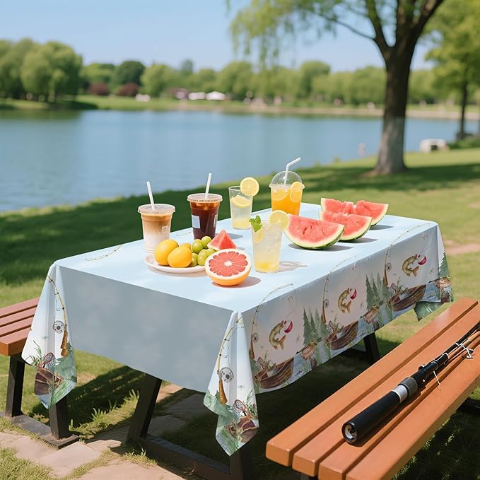 3Pcs Gone Fishing Party Tablecloth Fishing Birthday Plastic Table Cover Waterproof Little Fisherman Baby Shower Disposable Table Cloth for Ofishally One Retirement Party Decorations, 54 x 108 Inch