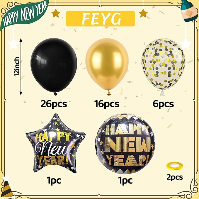 New Year Balloons Back Gold, Happy New Year 2026 Decorations Set, 50 Pcs 12Inch Eve Party Balloon Foil Balloons For 2026 Years Eve Party Supplies Decorations