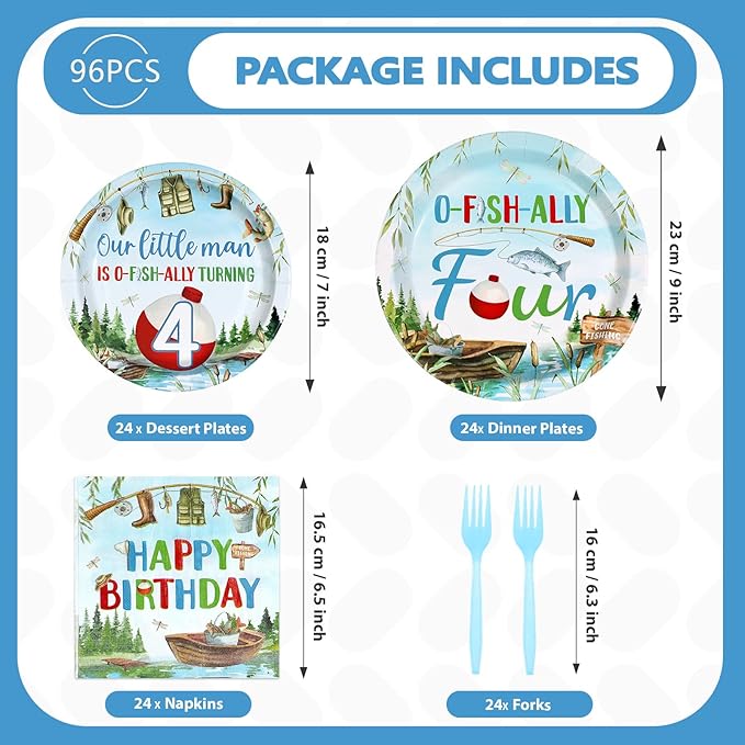 96Pcs Fishing 4th Birthday Party Decorations Gone Fishing Four Paper Plates and Napkins Ofishally Four Disposable Tableware Set for Fisherman Baby Shower 4th Birthday Party Supplies, Serves 24