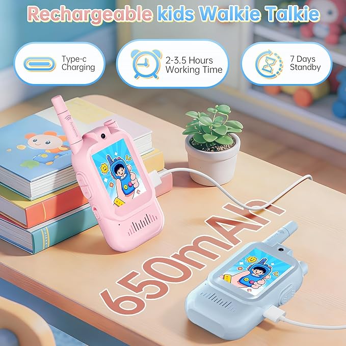 HD Video Walkie Talkies for Kids, 2-Pack Rechargeable Kids Gifts with Camera & Screen, Long Range Kids Walkie Talkies for Boys & Girls Ages 3–12, Toddler Toys for Family Games Indoor & Outdoor Play