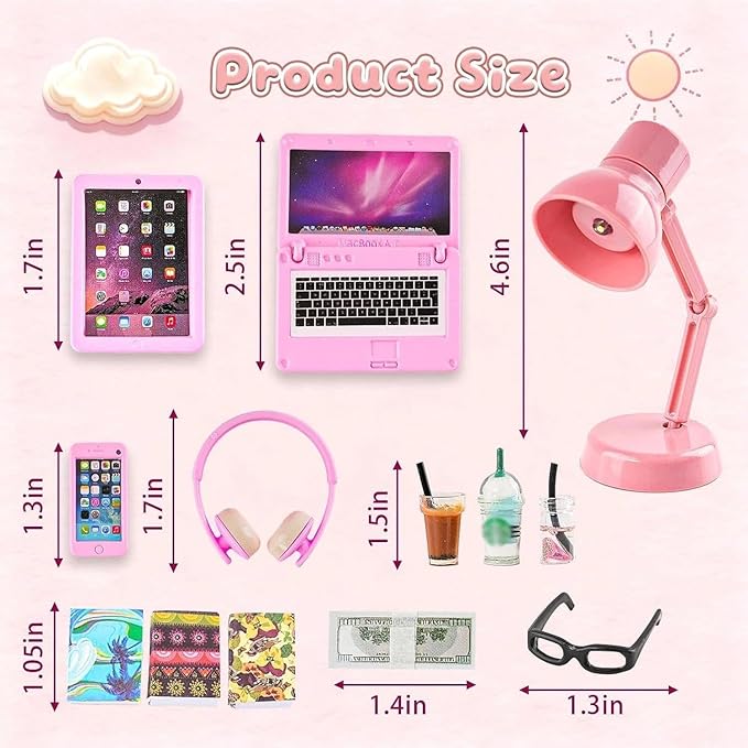 20Pcs Dollhouse Miniature Laptop Computer Tablet Phone Lamp Book Glasses Coffee Headset Simulation Accessories 1/12 1/6 Toy Pad Play Set Fits Barbie Doll Girl Mini Drink Party Office (Pink)