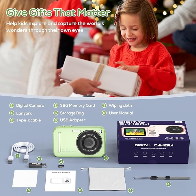 Digital Camera for Kids, WITYEAH 48MP FHD 1080P Point and Shoot Digital Cameras with 16X Zoom Anti-Shake, Compact Portable Cameras for Photography, for Boys Girls Teens Beginners,Green