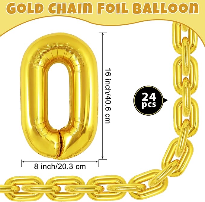 24 Giant Gold Chain Balloons, 16 Inch Foil Balloons for 80s 90s Party Decorations Birthdays Weddings Graduations Hip Hop Retro Theme Party Supplies