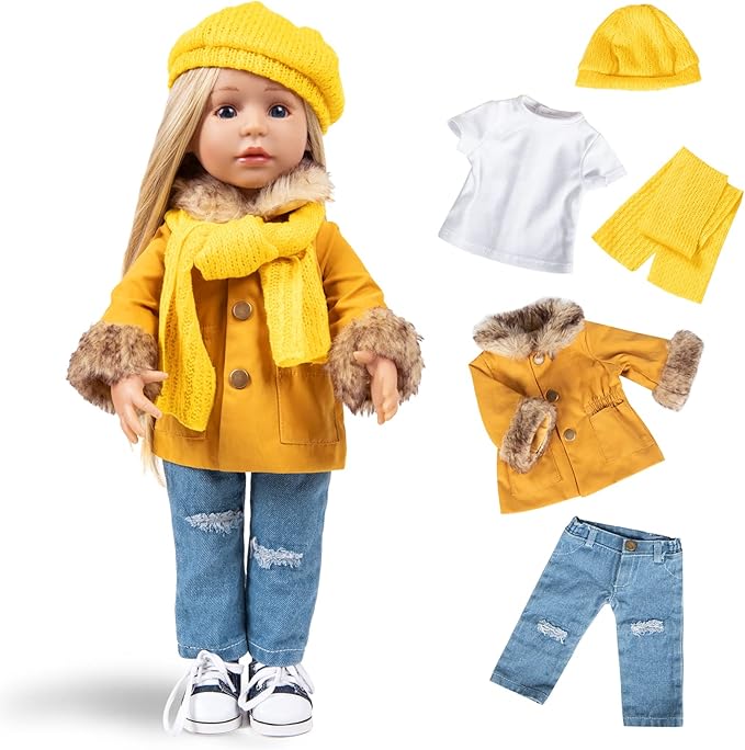 18 Inch Doll Clothes Set 5-PC Fashion Mustard Winter Coat Set Includes Warm Coat, Shirt, Jeans, Yellow Knit Hat & Knit Scarf, Outfits Casual Wear Fits American Girl,Our Generation Dolls