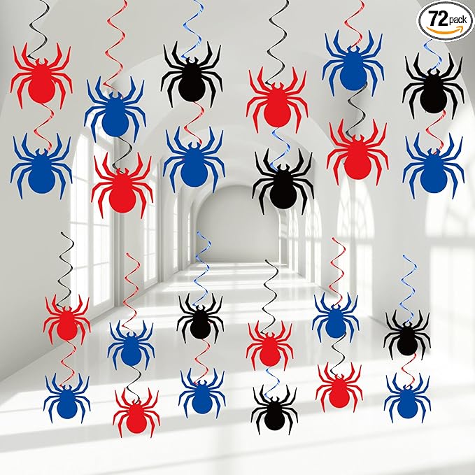 72pcs Super Theme Hero Hanging Swirl Decorations Spiders Paper Cutouts Hero Party Supplies for Indoor Outdoor Home Door Office Classroom Ornaments Comic Spider Web Birthday Halloween Parties Decor