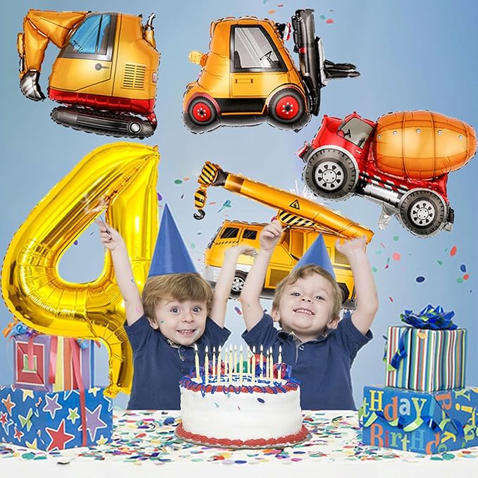 Construction Birthday Party Supplies 4 Year Old, Large Construction Balloons 40Inch Gold Number 4 Balloon Construction Truck Foil Balloons for Boys 4th Construction Birthday Party Decorations