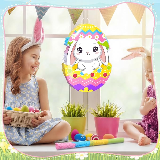 Bunny Easter Egg Piñata with Blindfold, Bat and Filler, Funny Cute Bunny Party Favors for Cute Easter Egg Theme Adults Party Supplies Decoration