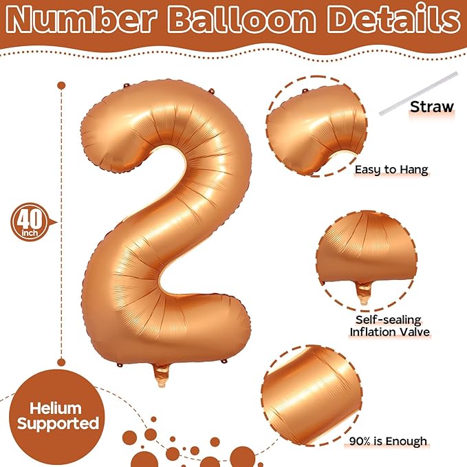 40 Inch 2nd Birthday Balloon, Orange Foil Self Inflating Number 2 Balloons Decor, Big Helium Mylar Number 0-9 Set for Girls Boys Birthday Baby Shower Anniversary Celebration Party Decorations Supplies