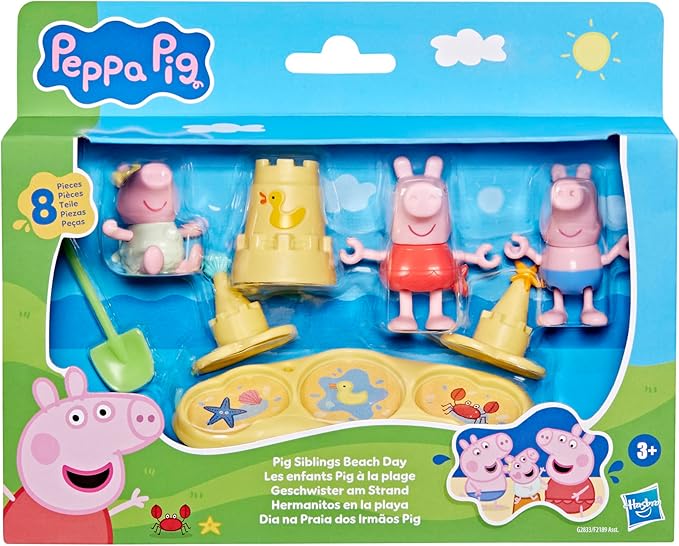 Peppa Pig Siblings Beach Day Playset with 3 Figures and 5 Accessories, Includes Baby Evie, Preschool Toys for Girls and Boys 3 and Up