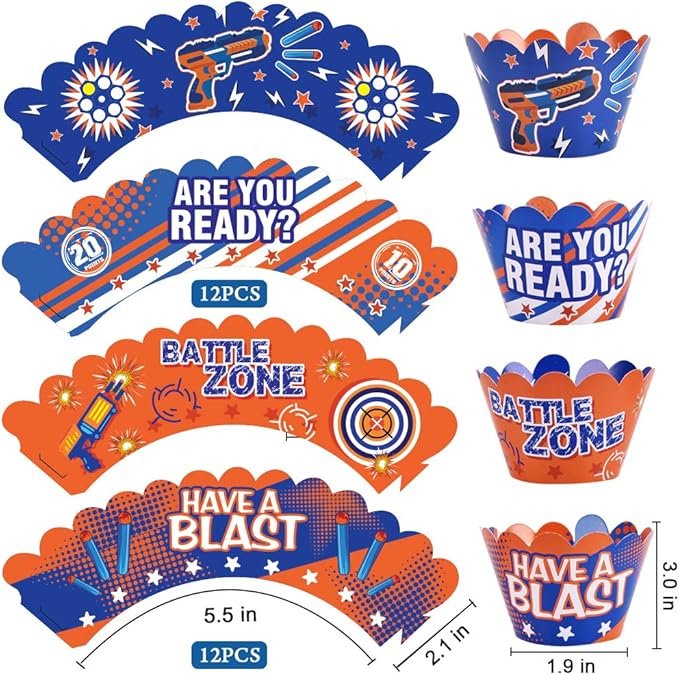 Dart War Party Cupcake Toppers Wrappers Kids Birthday Gun Picks Target Bullet Dart War Party Supplies Decoration -48 Piece