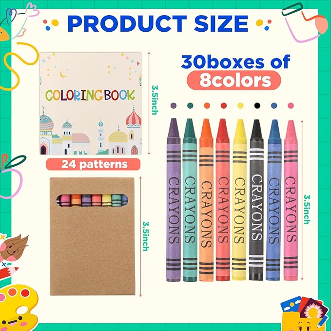 30 Sets Eid Gifts 24 Pages Mini Ramadan Coloring Books with 8 Colors Crayons Bulk Eid Mubarak Activity Party Favors Goodie Bag Fillers Stuffers DIY Craft