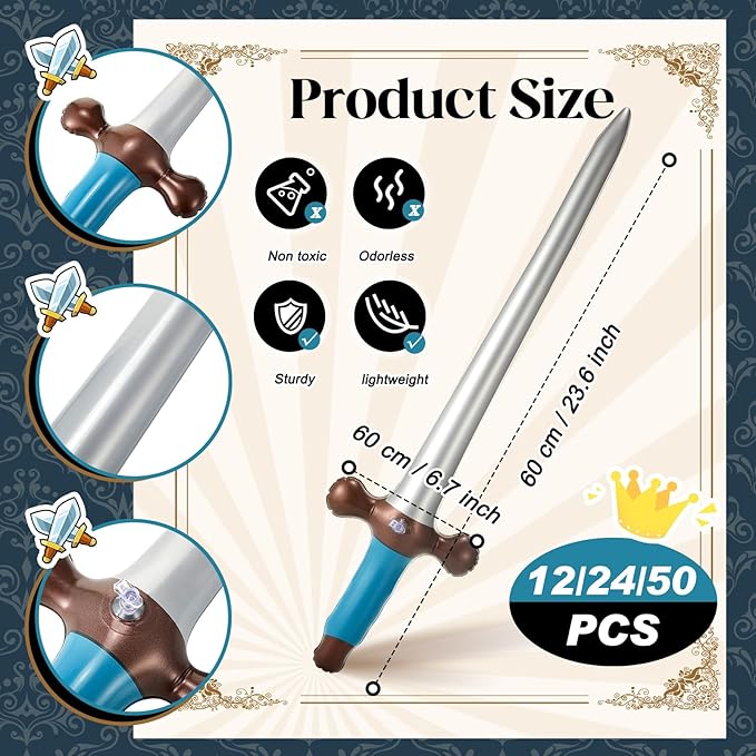 Outus 12 Pcs Inflatable Swords Blow up Swords Prince Party Favors for Theme Birthday Swimming Pool Viking Party Decorations Cosplay Halloween Costume Accessories Stage Props, 24 Inch (Blue)