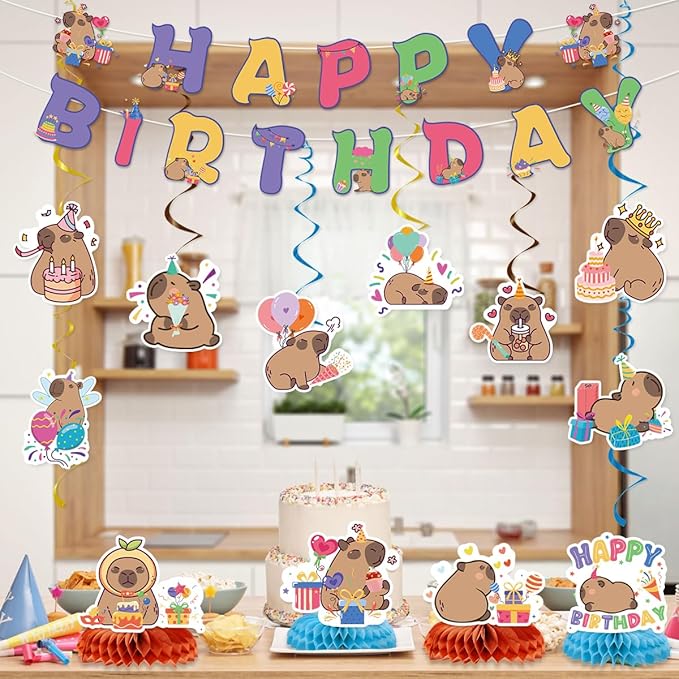 Capybara Birthday Party Decorations Include Capybara Happy Birthday Banners Hanging Swirls Honeycomb Centerpiece Cute Capy Bday Animals Decor Supplies