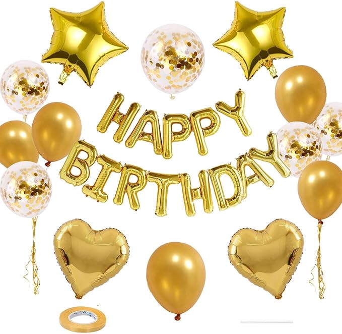27 Pcs Gold Birthday Decorations, 3D Foil Gold Happy Birthday Balloon Banner, Pentagram Heart Foil Balloons Confetti Balloons Kit For Boys Girls Birthday Party Supplies