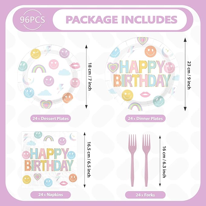 96Pcs Rainbow Birthday Party decorations Smile Face Rainbow Plates and Napkins Pastel Theme Disposable Paper Tableware Set for Colorful Kids Birthday Baby Shower Party Supplies Serves 24