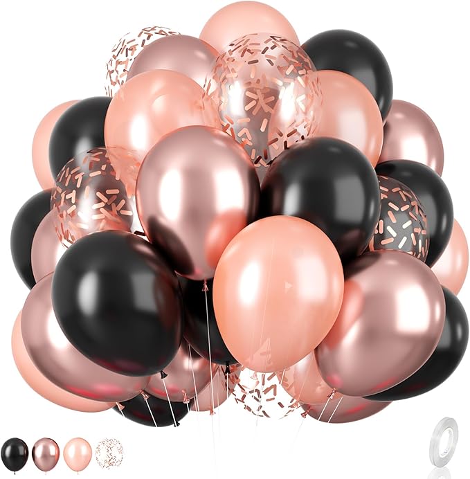 Rose Gold and Black Balloons Set, 12 inch Metallic Rose Gold Balloons Pearl Rose Gold Confetti Balloons Black Latex Balloons Party Balloons for Birthday Baby Shower Wedding Party Decorations