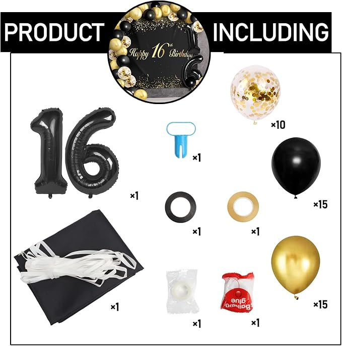 Happy 16th Birthday Balloons Black Set Decor - Cheers to 16 Years Old Party Theme Garland Banner Backdrop Decorations For Boy and Girl Supplies