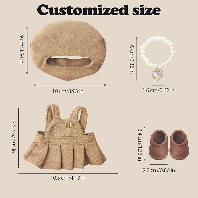 Clothes Compatible with LABUBU – Blue & White Tweed Dress with Bow, Bracelet & Shoes | 4PCS Couture-Inspired Outfit for 8-Inch Dolls (Mocha Beige Chic)