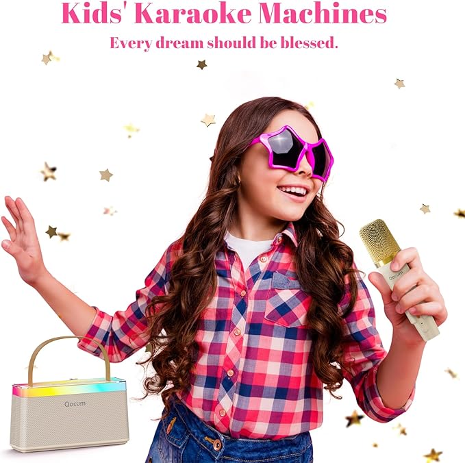 Karaoke Machine for Kids, Mini Karaoke Machine with 2 Wireless Microphones, Dual Speakers, RGB Dance Light, Voice Changer, TWS Mode, Perfect as Birthday Toy Gift for Kids Aged 4-12(Brown)