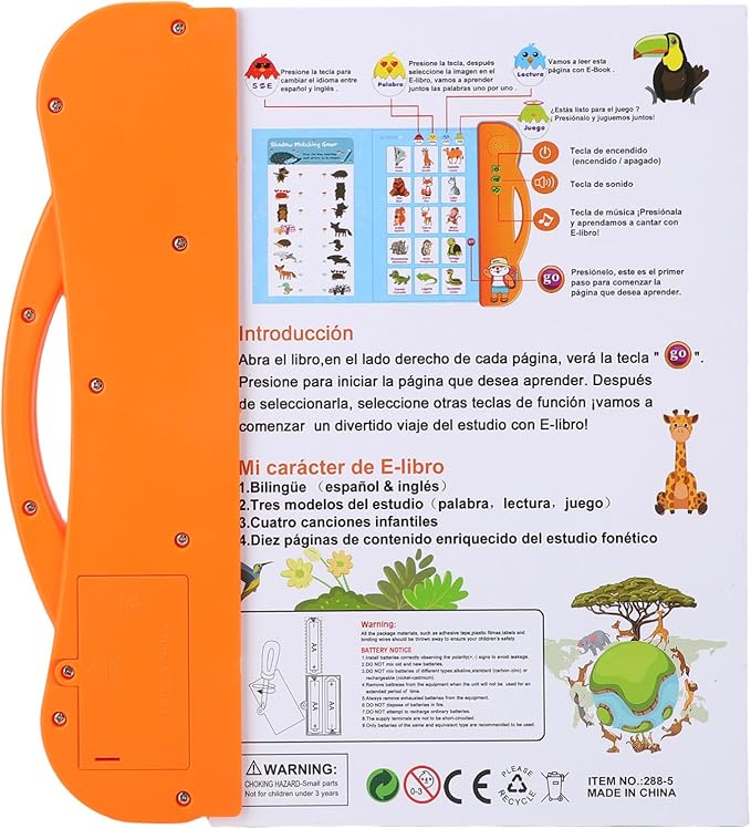 JTLB Interactive Bilingual Learning Book with Electronic Bilingual Toy for Kids, Spanish English Talking Book for Early Learners