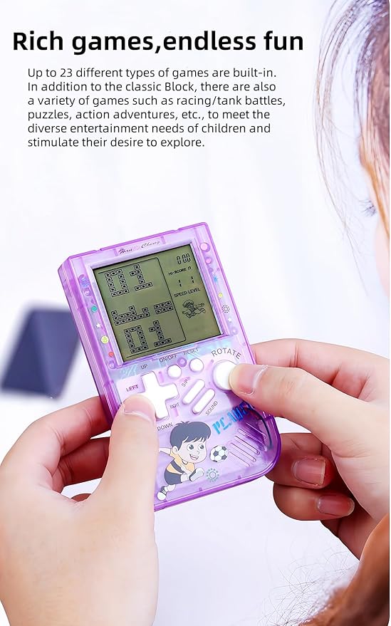 Kids Brick Game Console Small Portable Transparent Body Built-in 23 Retro Blocks Games Adjustable Difficulty/Speed Powered by 2 AAA Batteries Kids/Students Birthday Toys (Blue)