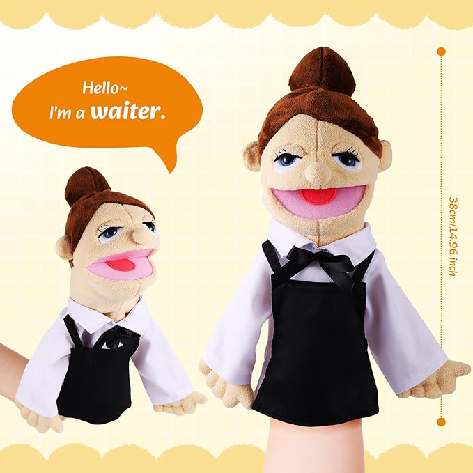 Role Play Hand Puppets Hand Plush Chef Doctor Fireman Pirate Detective Athlete Nurse Worker Hand Puppet Toys Puppets for Kids Storytelling Imaginative Pretend Play Teaching Preschool(Waiter)