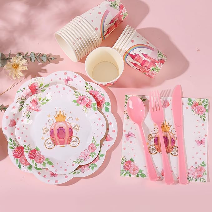 175PCS Pink Princess Birthday Party Decorations, Pink Four Ever a Princess Plates and Napkins Party Supplies, Scalloped Castle Paper Plates Disposable for Baby Shower Girl Birthday Party Decorations