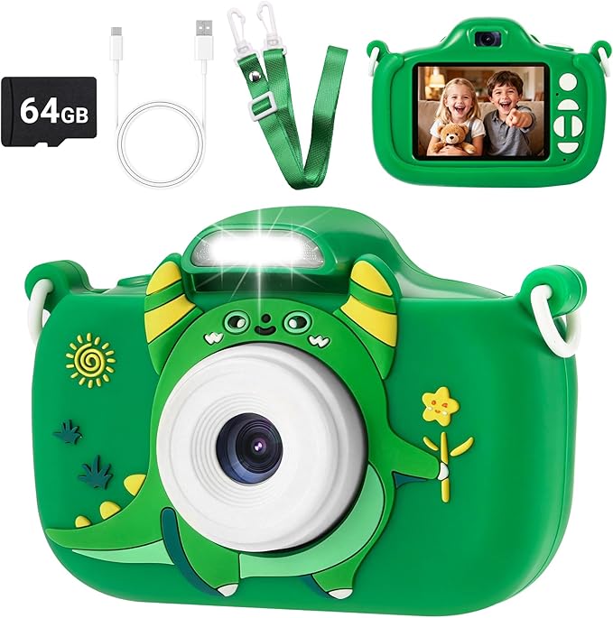 Kids Camera Toys for 3-9 Year Old Girls Boys. 2.4-inch Screen Children's Digital Camera with Fill Light,Christmas/Birthday Gift for Children.Comes with a 64G TF Card, Silicone Protective case/Lanyard