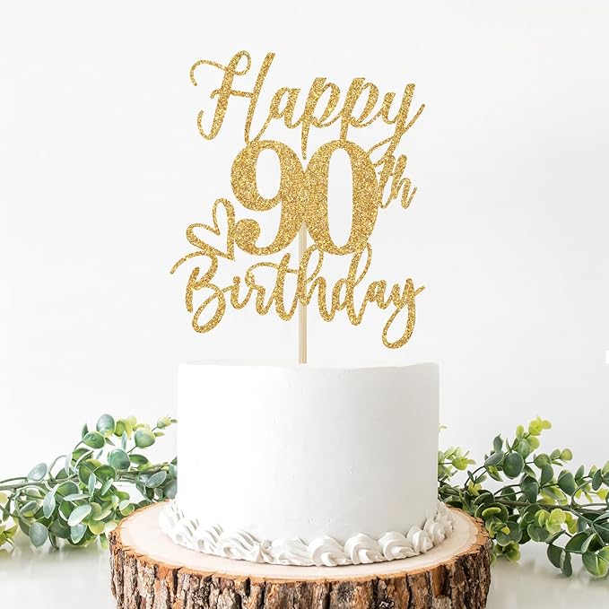 Happy 90th Birthday Cake Topper, 90th Birthday Cake Decorations for Men/Women, Cheers to 90 Years, 90 and Fabulous, 90th Birthday Party Decorations Gold Glitter