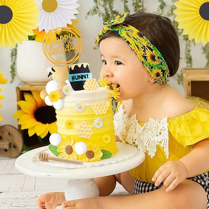 Hooqict 33 Pcs Bee Cake Decorations with Mini Honey Jar, Honeycomb, Honey Sticks, Bee Cake Toppers for Kids Boys Girls 1st 2nd 3rd Birthday Party Decorations Baby Shower