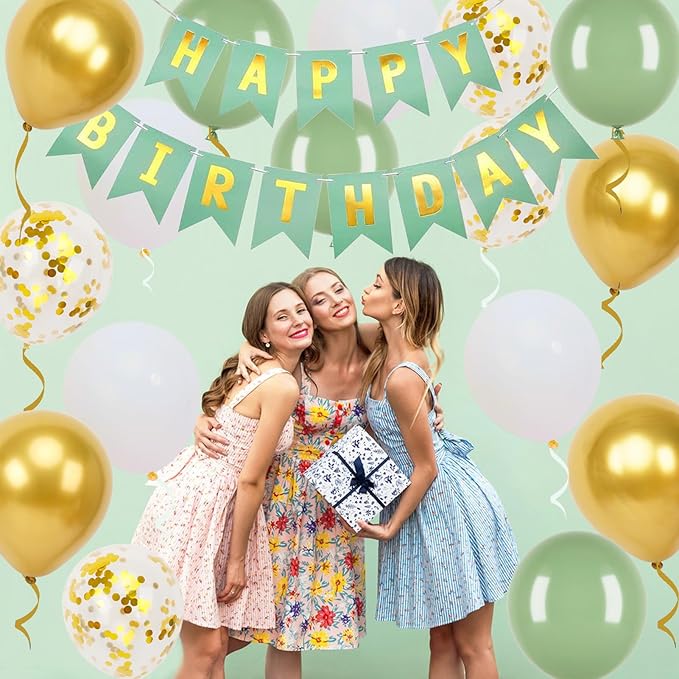 Happy Birthday Banner, Green Birthday Decoration, 16 Pcs 12in Happy Birthday Balloons with 2 Ribbons for Men Women Girls and Boys Birthday Party Decoration
