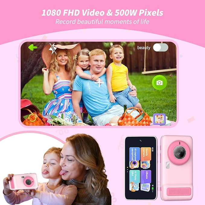 Kids WiFi AI Camera with 11 AI Roles & Photo Recognition, 5MP Digital Camera for Kids, 3.97" IPS Screen, Educational Learning Toy, Christmas Birthday Gifts for Boys Girls Ages 3-12（Pink）