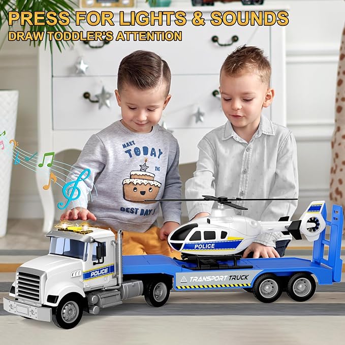 Toddler Boy Toys for 3 4 5 6 Year Old, 22” Semi Truck Toy with Helicopter - Police Toys, Birthday Gifts for Kids Child 3+ Years Old
