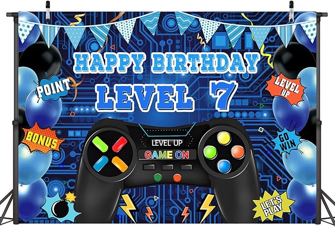 Game Theme Level 7 Birthday Backdrop Video Game Happy 7th Birthday Party Decorations Level Up Theme Boys Kids Birthday Party Supplies(7×5FT)