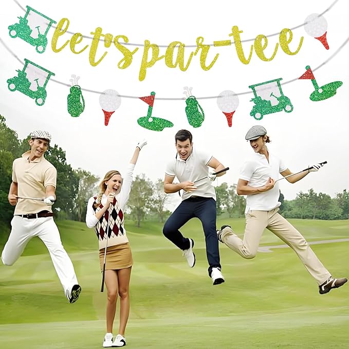 MEMOVAN Golf Birthday Banner Garland Let's Par-Tee Banner Golf Theme Retirement Banners Golfer Happy Birthday Garland for Golfer Lover Men Sports Par-Tee Time Party