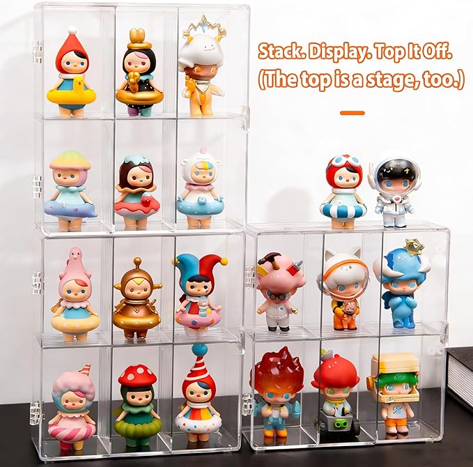6 Compartment Acrylic Display Case for Collectibles -Stackable Display Box with Lid, Clear Plastic Storage Bins for Action Figures, Dolls, Toys, Miniatures, Hobby Figures