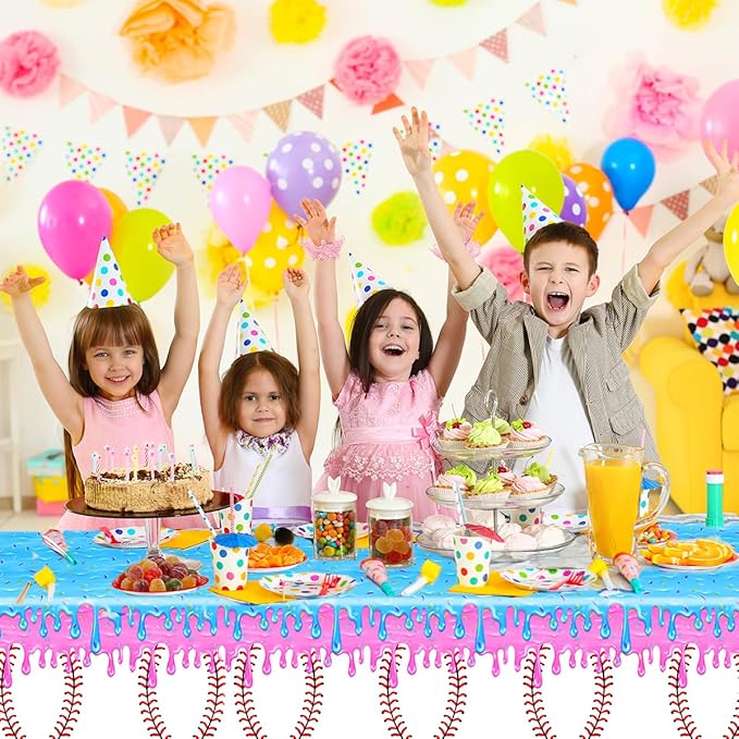 3Pcs Baseball Ice Cream Drip Birtrhday Party Tablecloth |108 x 54 Inch| Ice Cream Drip Summer Themed Plastic Tablecover Party Supplies
