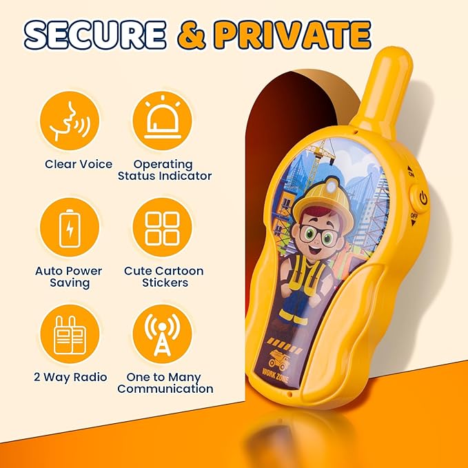Toys, Kids Toys Walkie Talkies for Kids 2 Pack, Construction Theme Long Range Outdoor, Easy to Use, Best Gifts for Toddler Boys & Girls Ages 2-7 (Yellow)