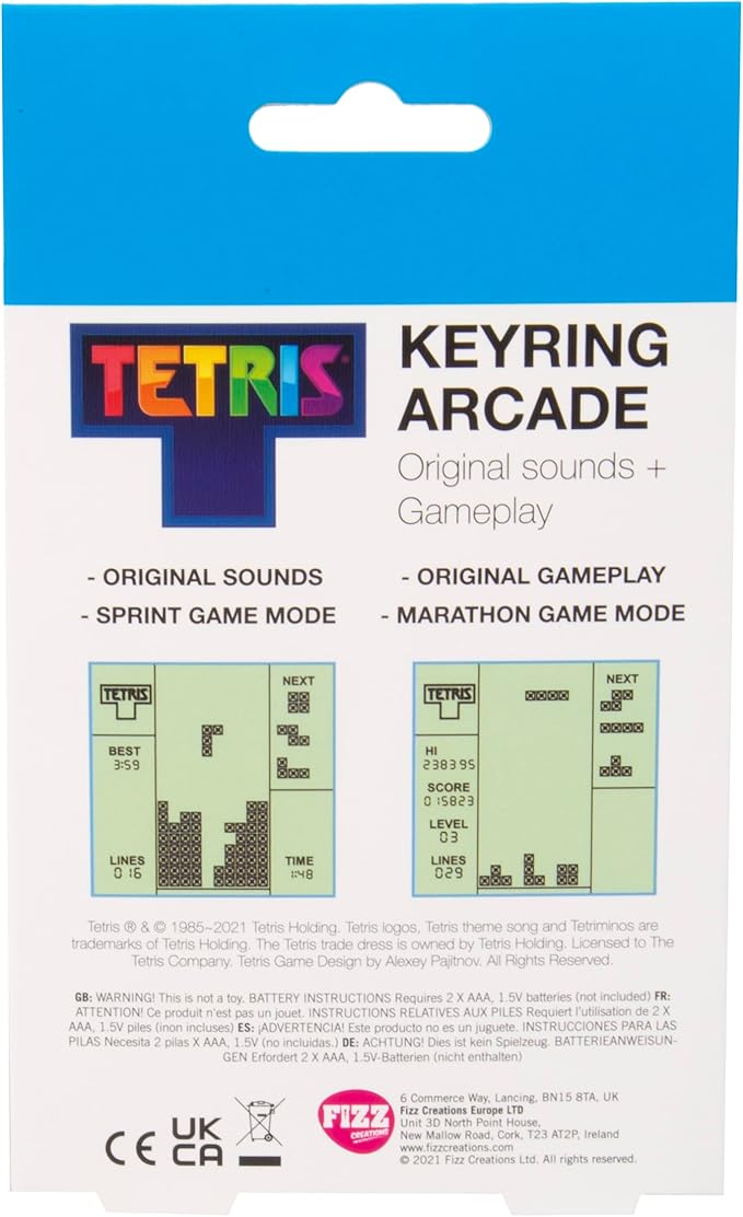 Tetris Keyring Handheld Arcade Game - Retro Mini Portable Handheld Tetris Game for Kids and Adults. Traditional Game Play with 15 Retro Gaming Levels Including Original Tetris Gameplay & Sounds.