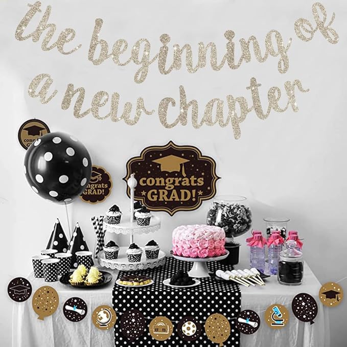 BEISHIDA Glitter Champagne The Beginning of A New Chapter Banner, Farewell party decorations,Graduation Sign 2026 Banner,Happy retirement Supplies,Going away party Sign Garland,Graduation banner