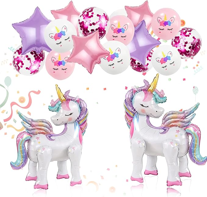 16 Pcs Unicorn Balloons Kit for Birthday Party Decorations - 2 Self Standing 3D Foil Unicorns, 4 Stars & 10 Printed Latex with Tying Tool (No Helium Needed)