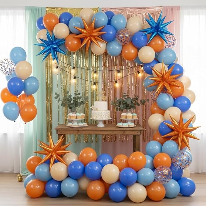 Blue and Orange Balloons, 12 Inch Orange Light Blue Nude Dark Blue Confetti Balloons with Star Foil Balloon for Boys Birthday Party Baby Shower Graduation Decorations