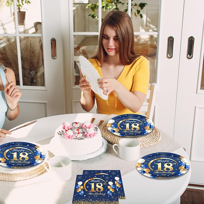40Pcs 18th Birthday Decorations Kit for Boys Men, Navy Blue and Gold 18th Birthday Party Tableware Set Include Cheers to 18 Years Disposable Paper Plates Napkins for Time To Adult Party Supplies