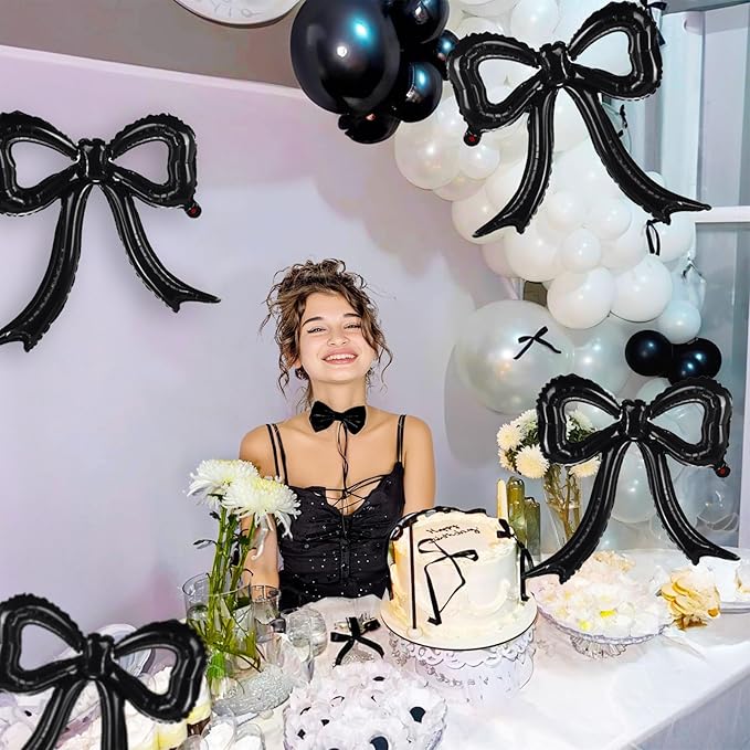 5 Pcs Black Bow Balloons Bow Party Decorations for Girl Women Black Bow Birthday Decorations Giant Foil Balloon for Baby Shower Bridal Engagement Wedding Decor Bachelorette Party Supplies
